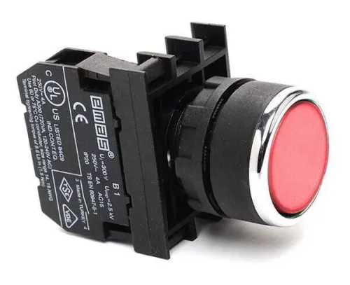 Emas B102DK Plastik 1NO+1NC Yaylı Düz Kırmızı 22 mm Buton - 1