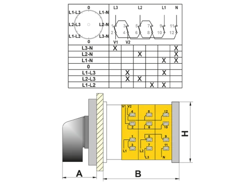 OPAŞ 3V6 M25 - 3X25A 49X49 3 Faz 7 Poz (Ll-0-Ln) Voltmetre Komütatörü - 2